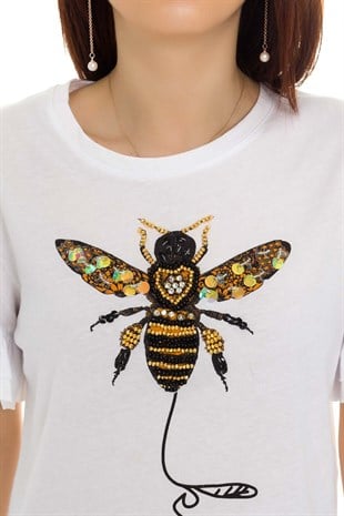 3060 Arı Baskılı Boncuklu Tshirt