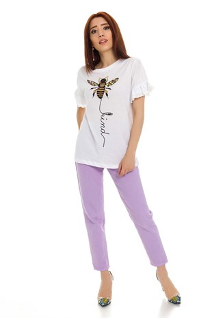 3060 Arı Baskılı Boncuklu Tshirt