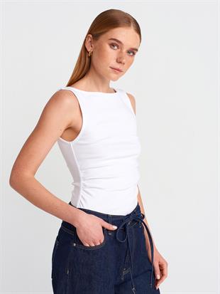 31589 Büzgülü Kayık Yaka Top Crop