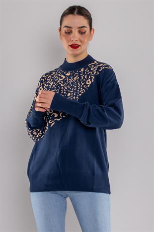 32274 Balıkçı Yaka Leopar Desenli Kazak