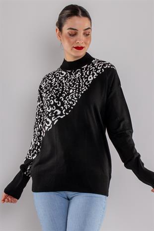 32274 Balıkçı Yaka Leopar Desenli Kazak