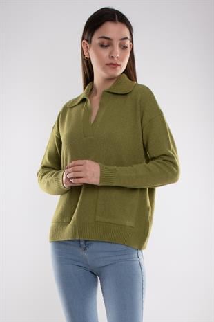 32419 Polo Yaka Cepli Triko Kadın Kazak