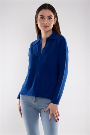 32419 Polo Yaka Cepli Triko Kadın Kazak