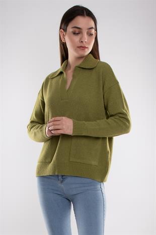 32419 Polo Yaka Cepli Triko Kadın Kazak