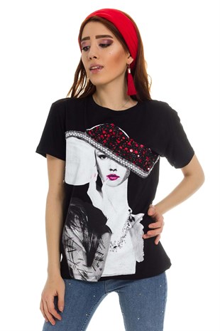 3265 Pul Şapkalı Kız Baskı Tshirt