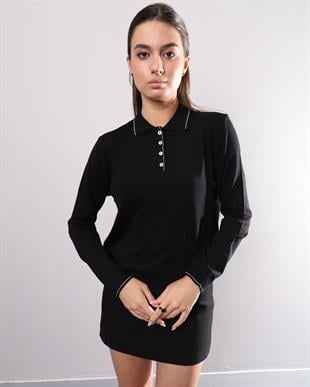 335 Polo Yaka Düğmeli İnce Çizgili Uzun Kol Triko