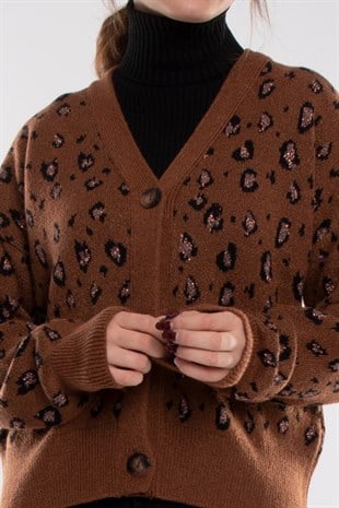 34290 Leopar Desenli Düğmeli Kadın Triko Hırka