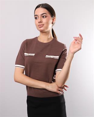 343 Flato Cep Detaylı Kısa Kol Triko Bluz