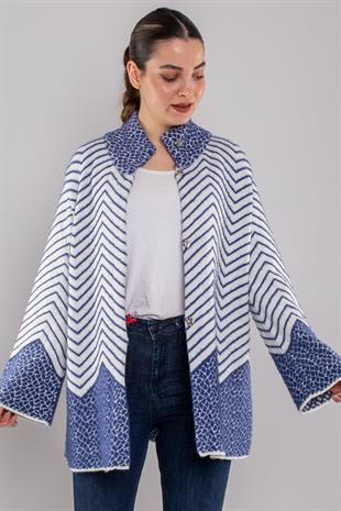 34365 Polo Yaka Çıtçıtlı Zigzag Desen Triko Hırka