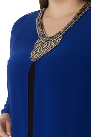 369 BB Yakası Taş İşleme Kolyeli Krep Bluz