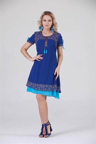 3704 BB Yaka Etnik Desen Otantik Elbise