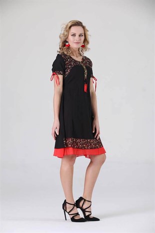 3704 BB Yaka Etnik Desen Otantik Elbise
