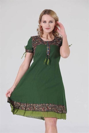 3704 BB Yaka Etnik Desen Otantik Elbise