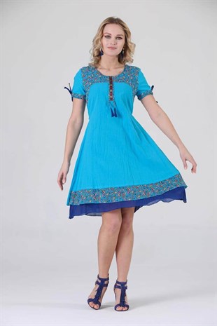 3704 BB Yaka Etnik Desen Otantik Elbise