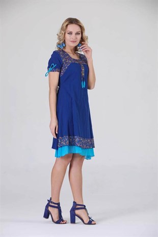 3704 BB Yaka Etnik Desen Otantik Elbise