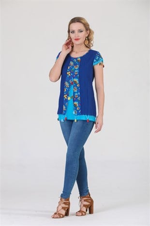 3762 BB Kısa Kol Oya İşli Desenli Pamuklu Otantik Bluz
