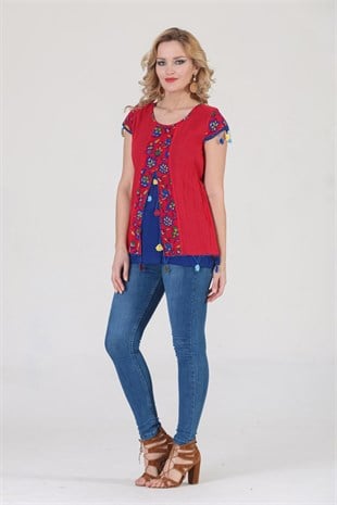 3762 BB Kısa Kol Oya İşli Desenli Pamuklu Otantik Bluz