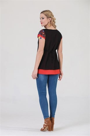 3762 BB Kısa Kol Oya İşli Desenli Pamuklu Otantik Bluz