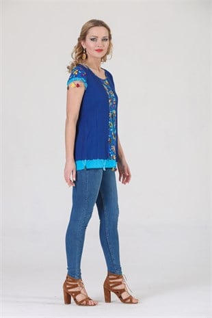 3762 BB Kısa Kol Oya İşli Desenli Pamuklu Otantik Bluz