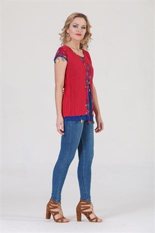 3762 BB Kısa Kol Oya İşli Desenli Pamuklu Otantik Bluz