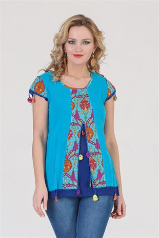 3762 BB Kısa Kol Oya İşli Desenli Pamuklu Otantik Bluz