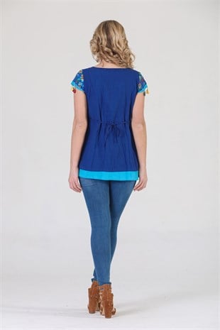3762 BB Kısa Kol Oya İşli Desenli Pamuklu Otantik Bluz