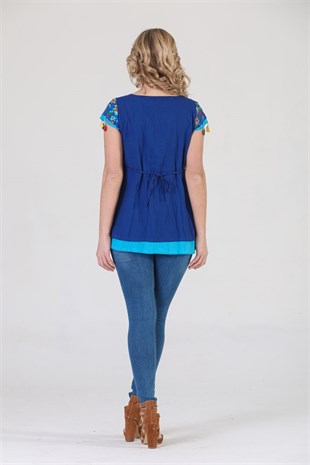 3762 BB Kısa Kol Oya İşli Desenli Pamuklu Otantik Bluz