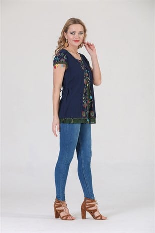 3762 BB Kısa Kol Oya İşli Desenli Pamuklu Otantik Bluz