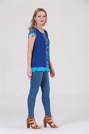 3762 BB Kısa Kol Oya İşli Desenli Pamuklu Otantik Bluz