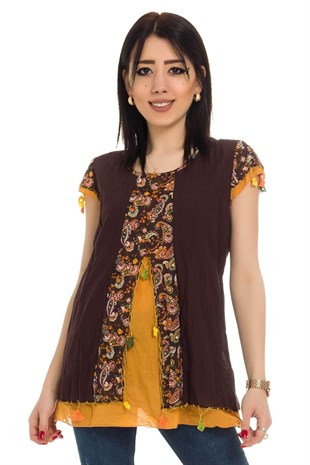 3762 BB Kısa Kol Oya İşli Desenli Pamuklu Otantik Bluz