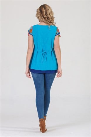 3762 BB Kısa Kol Oya İşli Desenli Pamuklu Otantik Bluz