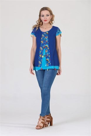 3762 BB Kısa Kol Oya İşli Desenli Pamuklu Otantik Bluz