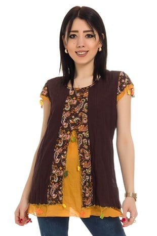 3762 BB Kısa Kol Oya İşli Desenli Pamuklu Otantik Bluz