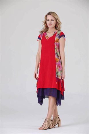 3795 BB V Yaka Desenli Oya İşli Pamuk Otantik Elbise
