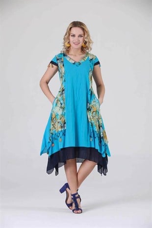 3795 BB V Yaka Desenli Oya İşli Pamuk Otantik Elbise
