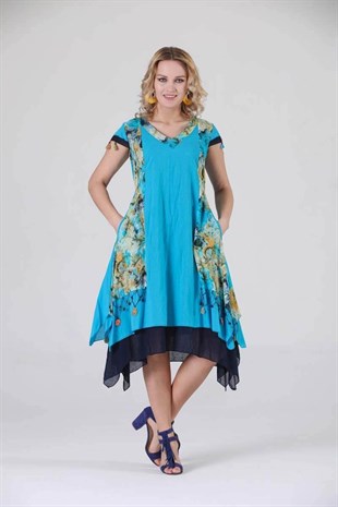 3795 BB V Yaka Desenli Oya İşli Pamuk Otantik Elbise