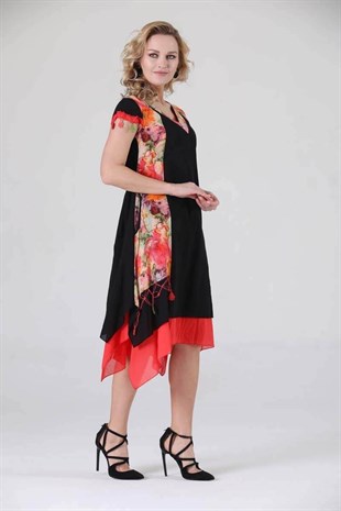 3795 BB V Yaka Desenli Oya İşli Pamuk Otantik Elbise