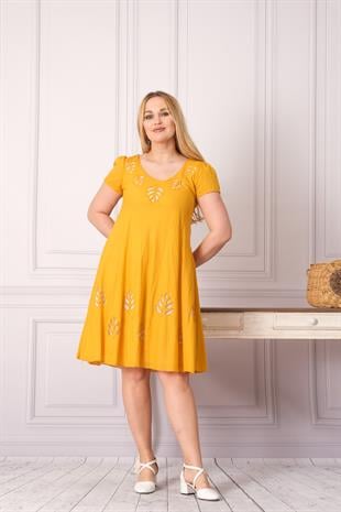 3830 Yaprak Desen Lazer Kesim Pamuk Otantik Elbise