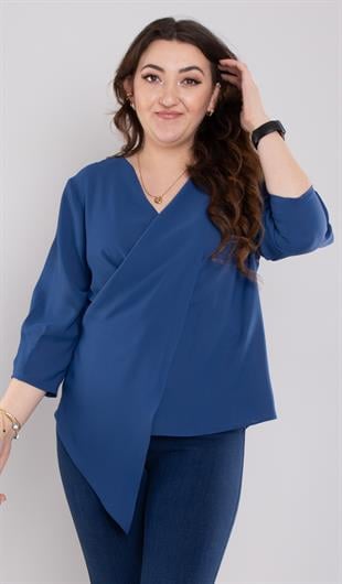 4023 Büyük Beden Kruvaze Yaka Eteği Asimetrik Şifon Bluz