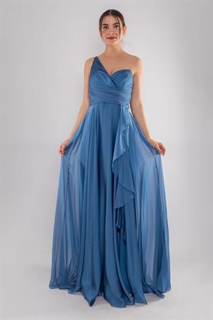 4082 Tek Omuz Beli Drape Eteği Fırfırlı Kristal Uzun Elbise