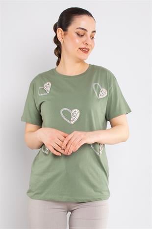 4504 (7691) Bisiklet Yaka Kalp Baskı Taşlı Pamuk Tshirt