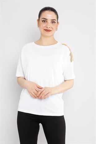 4530 Omuz Pullu Bisiklet Yaka Pamuklu Tshirt