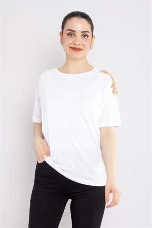 4530 Omuz Pullu Bisiklet Yaka Pamuklu Tshirt