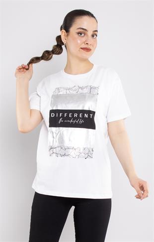 4545 Taşlı Yaldız Different Baskılı Bisiklet Yaka Kısa Kol Tshirt