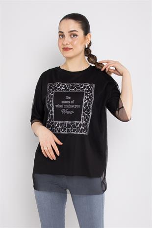 4630 Tüllü Leopar Desenli Bisiklet Yaka Pamuklu Tshirt