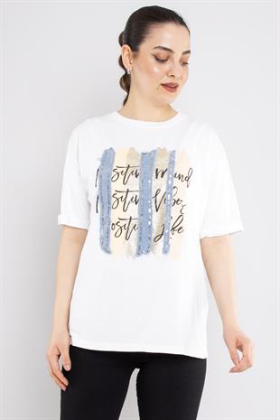 4632 Şerit Kotlu Yaldızlı Pullu Bisiklet Yaka Kısa Kol Tshirt