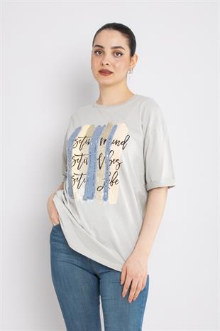 4632 Şerit Kotlu Yaldızlı Pullu Bisiklet Yaka Kısa Kol Tshirt