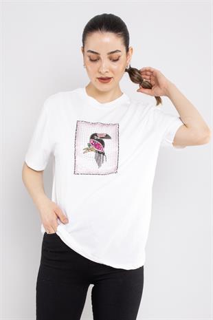 4661 Taşlı Papağan Baskı Bisiklet Yaka Kısa Kol Tshirt