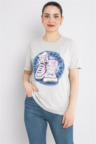 4666 Taşlı Ayakkabı Baskı Bisiklet Yaka Pamuklu Tshirt