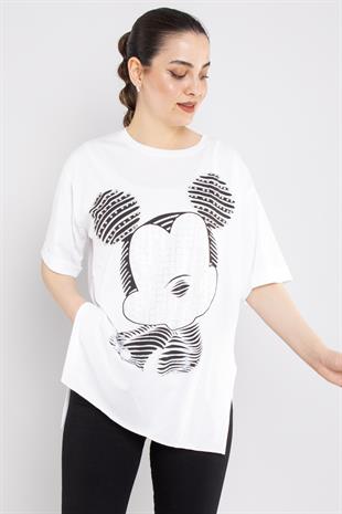 4680 Taşlı Yırtmaçlı Micky Bisiklet Yaka Pamuklu Tshirt